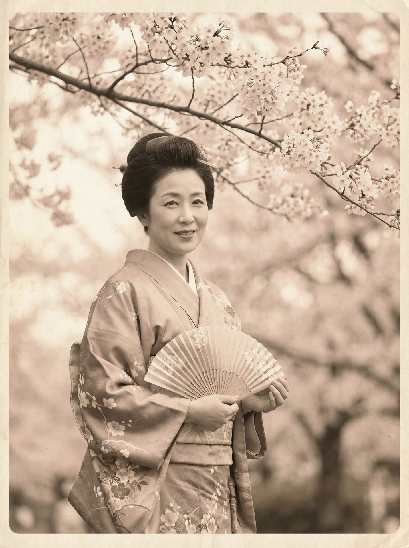 一位持扇的优雅 桃红色界 在樱花树下的复古写真